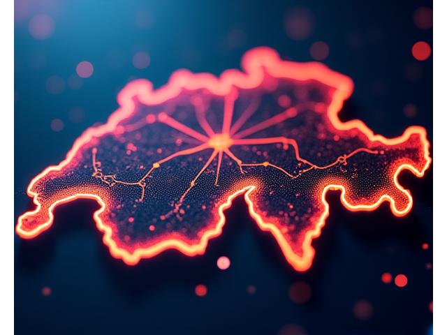 Vibrant digital network overlayed on a map of Switzerland, illustrating real-time data flow and connectivity.