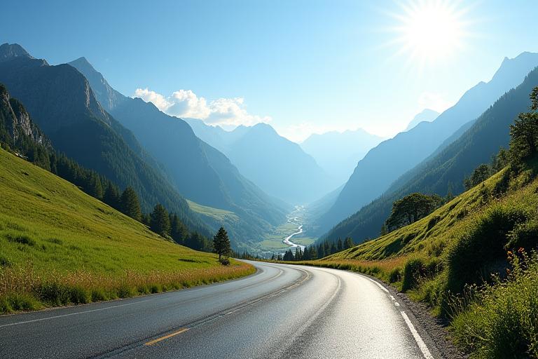 A winding mountain road in the Swiss Alps, suggesting a scenic alternative route for avoiding traffic at borders.