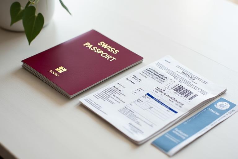 Close-up of a Swiss passport, travel documents, and a pen on a clean, wooden desk, symbolizing preparation for international travel.