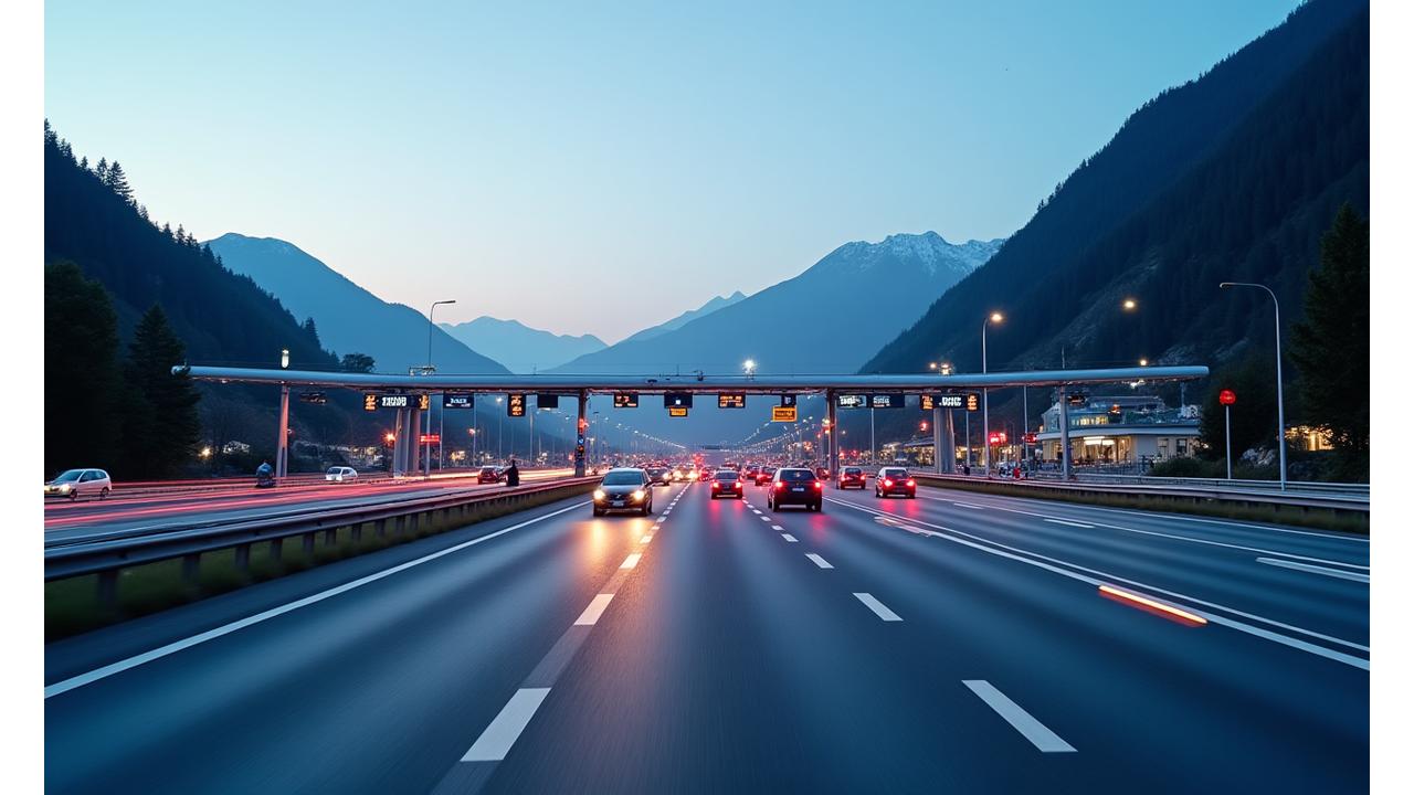 Panoramic view of a modern, efficient Swiss border crossing point with cars flowing smoothly.
