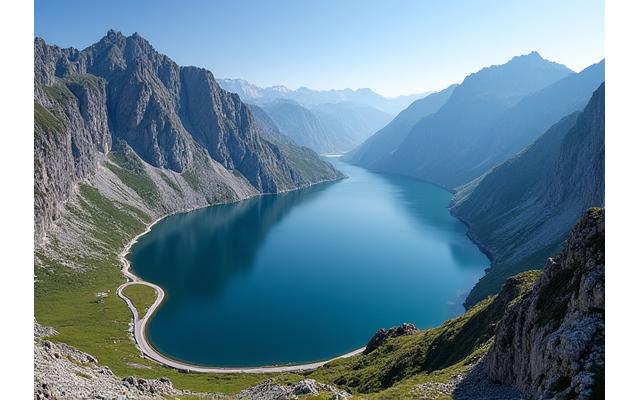 Grimsel Pass road next to a large reservoir lake surrounded by rugged granite mountains.