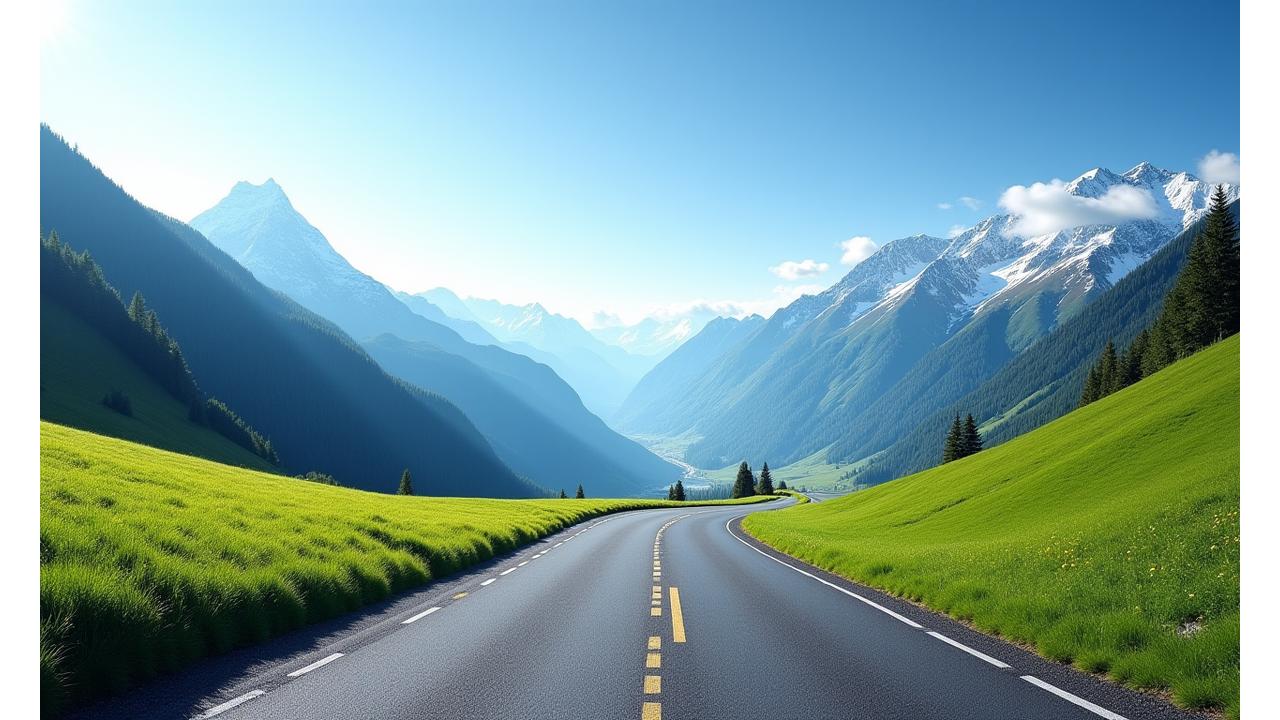 Panoramic view of an open Swiss mountain pass, winding road through green valleys and distant snowy peaks, clear blue sky.