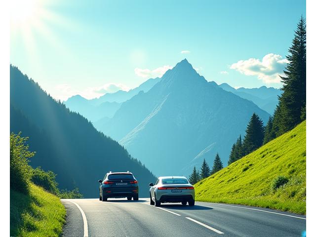 A car driving uphill on a sunny Swiss Alpine road in summer, surrounded by lush green mountains. Icons representing heat, traffic, and thunderstorms.