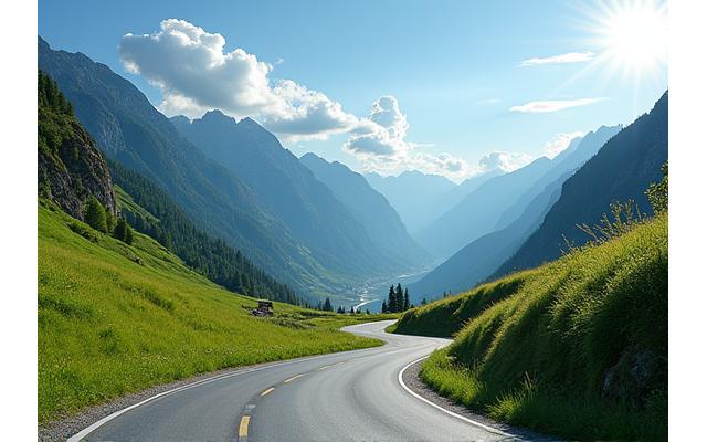 Susten Pass road cutting through a lush green valley with majestic peaks in the distance, bathed in sunlight.