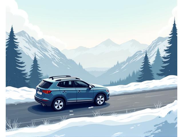 Illustration of a car equipped with winter tires and snow chains driving on a snowy mountain road, next to a checklist graphic.
