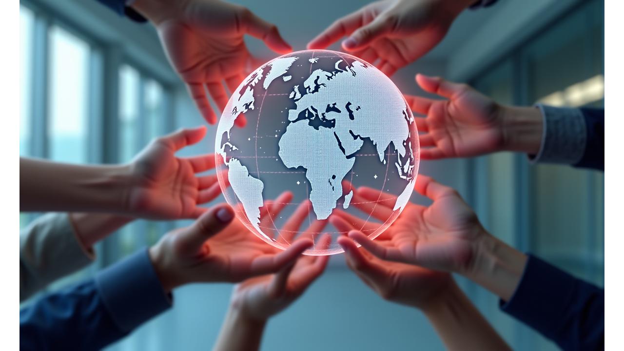 Diverse hands reaching towards a glowing globe, symbolizing multilingual support for global travelers.
