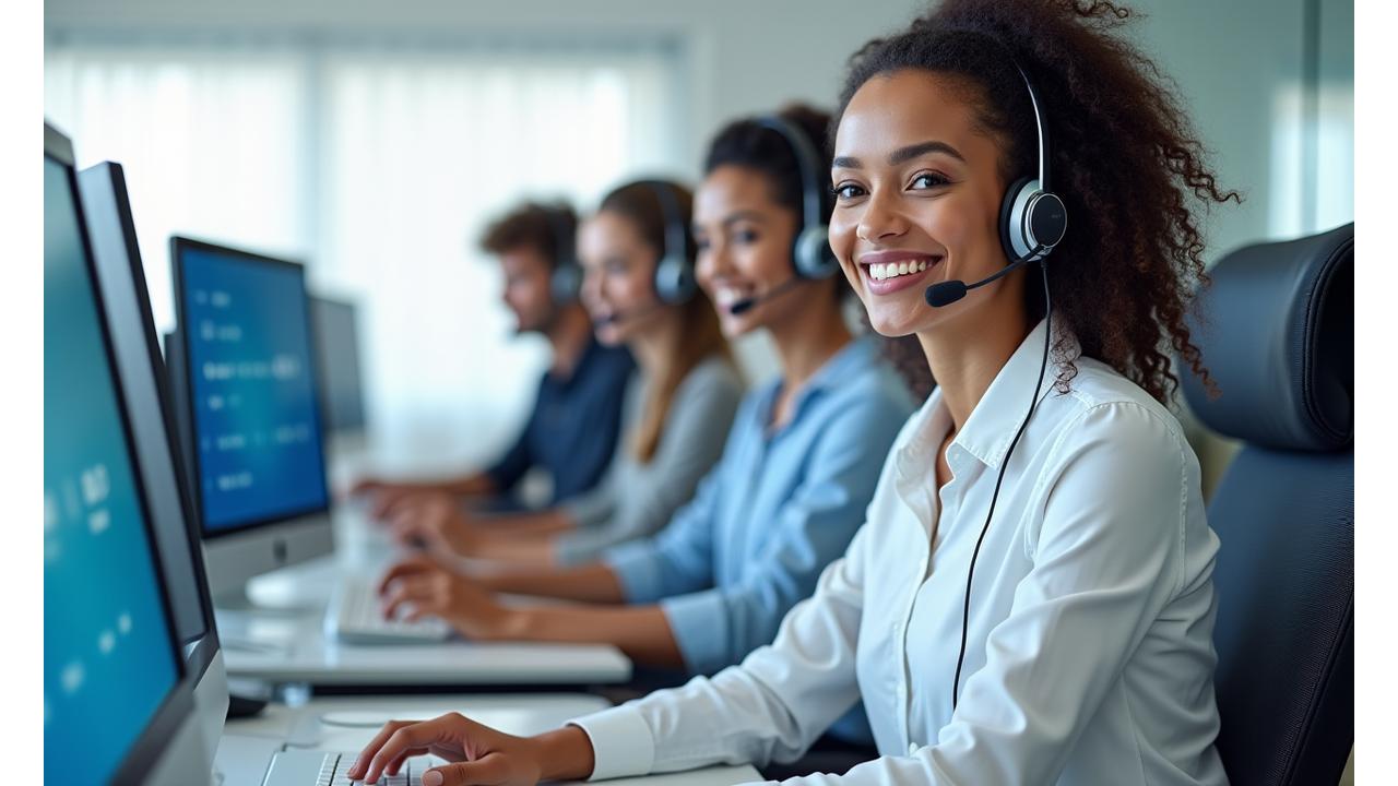 A diverse group of customer support agents wearing headsets, smiling and working in a modern, collaborative office setting. Text overlay indicates '24/7 Multilingual Support'.