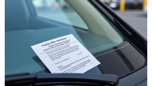 A parking ticket placed on a car windshield in a Swiss city street.