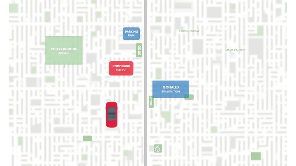 An overhead view of a well-organized Swiss city map with colored parking zones highlighted, showing parking garages and street zones. Clean design, clear iconography.