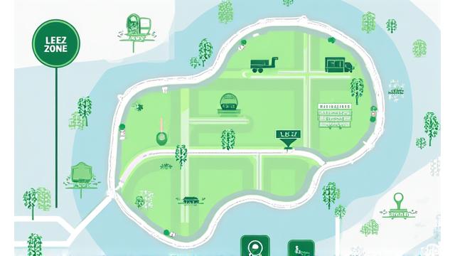 An interactive map showing a city with an overlaid green low emission zone boundary and various vehicle icons indicating compliance. Represents clarity and rules.