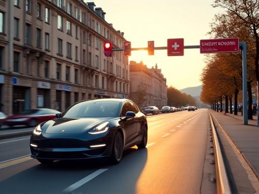 Modern electric car driving through a clean, well-organized European city street, with Swiss precision road signs visible. Emphasizes urban mobility and compliance.
