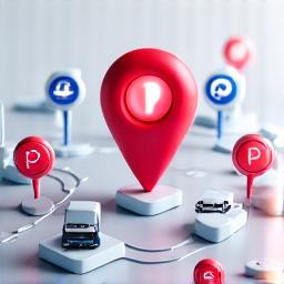 A glossy 3D icon of a map pin surrounded by various car and parking symbols, emphasizing location and parking services. Modern UI feel.