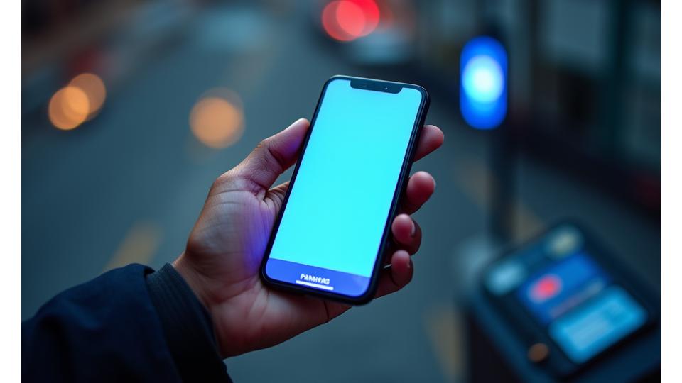 A smartphone displaying various Swiss parking payment app interfaces, with credit cards and digital wallet icons, against a backdrop of city lights. Dynamic and user-friendly.