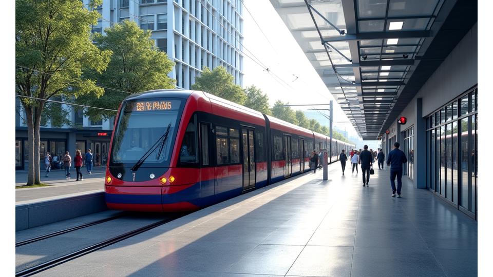 A modern, clean public transport hub in a Swiss city, showing a tram, buses, and pedestrians, highlighting seamless city mobility.