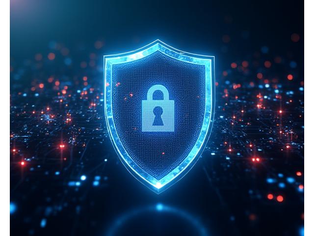 Cybersecurity concept with a network shield and encrypted data streams