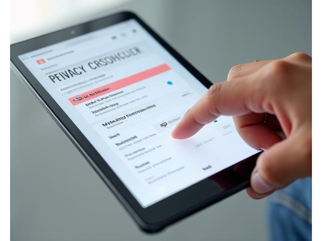 Hand interacting with a digital privacy dashboard on a tablet