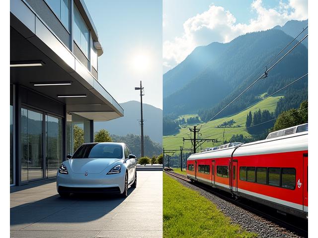 A split image: one side showing a sleek modern car-sharing vehicle parked near a Swiss train station, the other side showing a long-distance train traversing a picturesque Swiss landscape. This visually represents the integration of different transport options.