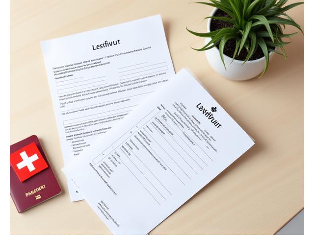 Documents like a rental agreement, passport, and customs declaration forms spread out on a table, with a small Swiss flag nearby. The background is slightly blurred, suggesting a bustling border crossing or airport counter.