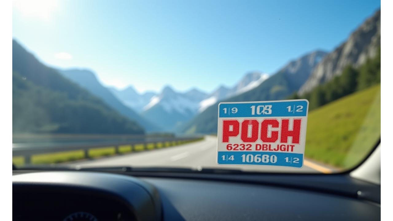 Close-up view of a Swiss motorway vignette affixed to a modern car windshield, with the backdrop of a scenic Swiss mountain road and a clear sky, symbolizing compliance and freedom.