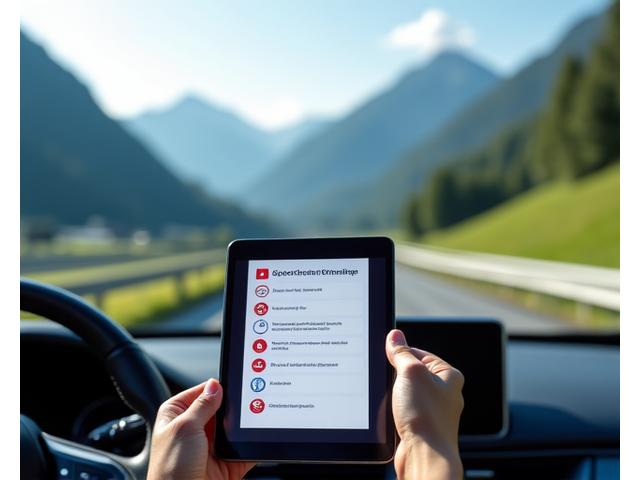 A traveler meticulously inspecting the windshield of a rental car, pointing at a clearly visible Swiss motorway vignette. A checklist on a tablet screen is visible in their other hand, with a scenic Swiss valley in the background.