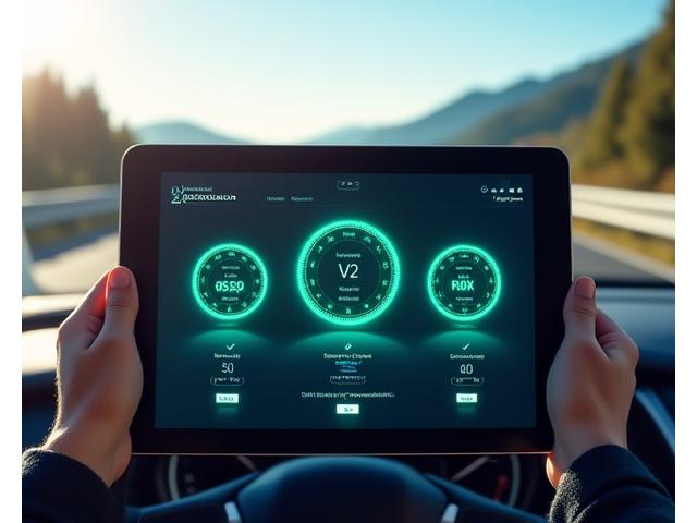 A digital dashboard displaying various compliance metrics: 'Vignette Status: Valid', 'Equipment: OK', 'Insurance: Confirmed'. The interface is modern with green checkmarks indicating positive status, viewed on a tablet, with a blurred road background.