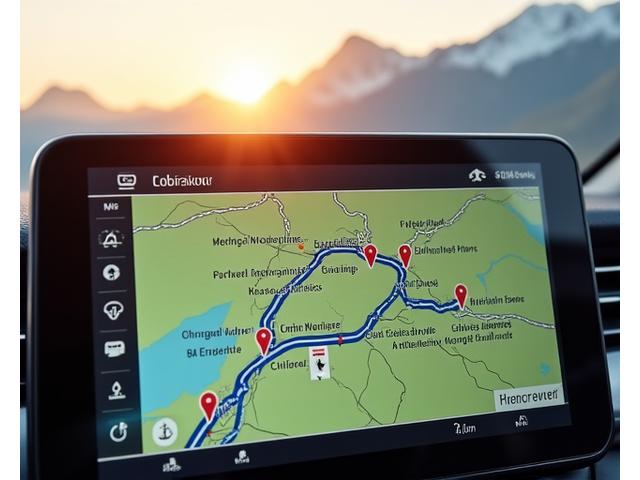 An interactive map showing a driving route dotted with various icons representing points of interest like castles, lakes, and mountain peaks.