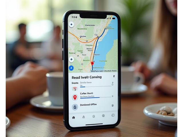 A smartphone screen displaying a saved route on a map application with options to share via various social media icons.