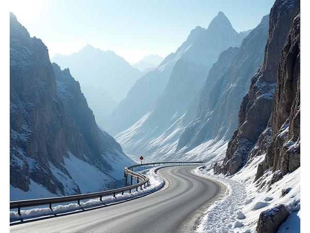 A winding mountain road weaving through snow-capped peaks, illustrating an Alpine Pass route.