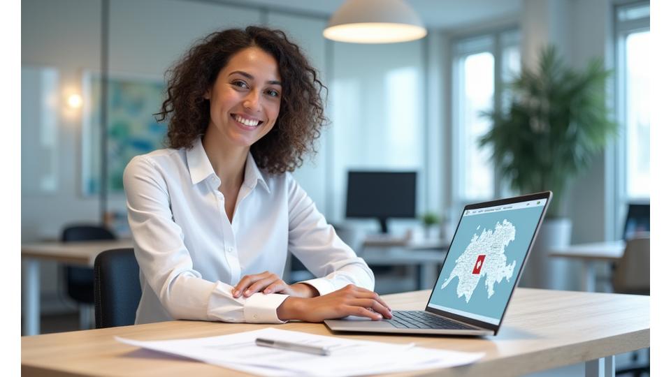 A professional consultant at a modern desk, with a laptop displaying a world map, engaging in a one-on-one consultation, representing personalized service.