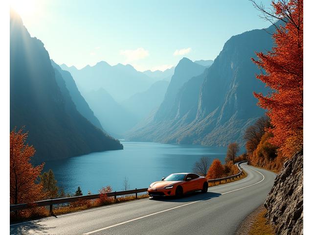 A car driving along a scenic road with a view of an alpine lake and mountains, representing the Grand Tour of Switzerland.