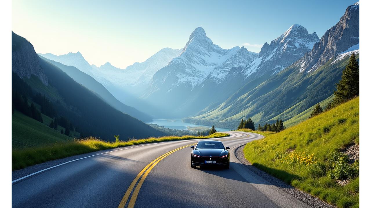 Scenic view of Swiss mountains with a winding road, embodying the spirit of a Swiss road trip.