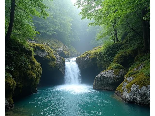 A secluded, small waterfall tucked away in a lush green forest, hinting at a hidden natural spot.