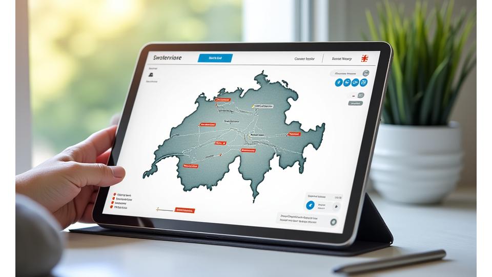 Mockup of an interactive map interface showing a planned road trip route through Switzerland with various points of interest.
