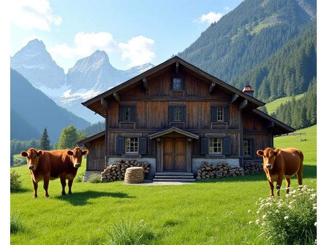 A traditional Swiss cheese farm with cows grazing in the background, representing an authentic local experience.