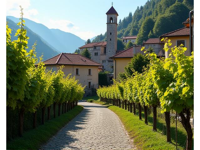 A quaint Swiss vineyard village with a small church tower and cobblestone streets, suggesting a local festival.