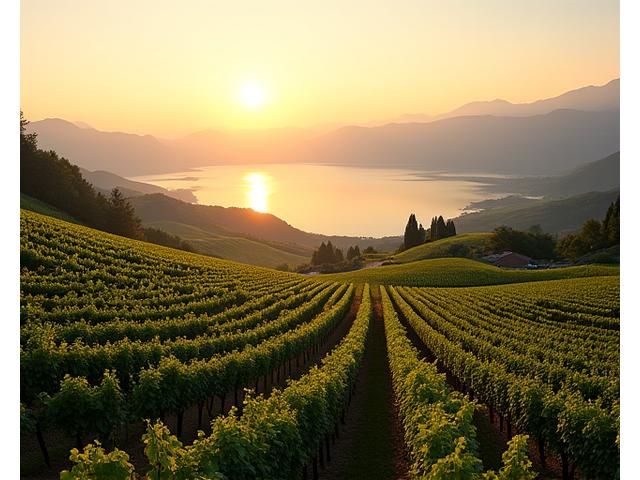 Rolling hills covered in vineyards with a distant view of a lake and mountains, characteristic of Swiss wine regions.