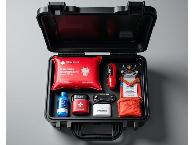 A neatly organized emergency kit for a car, including first aid, tools, and water bottles.