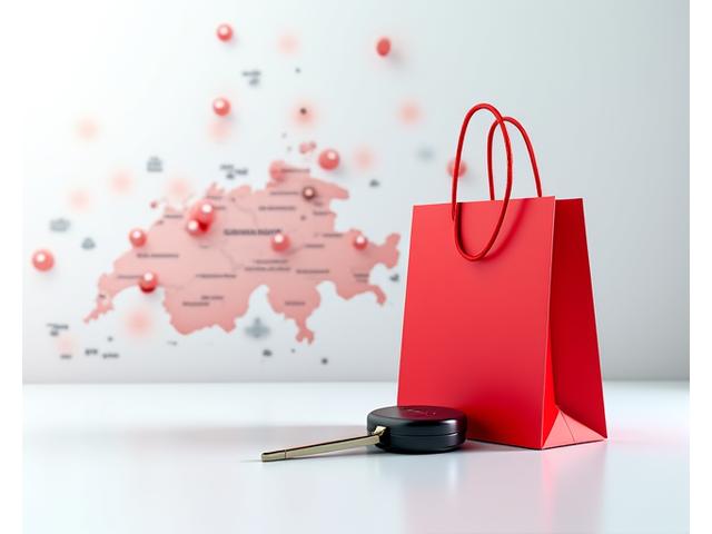 A shopping bag next to a car key, with a map of Switzerland in the background.
