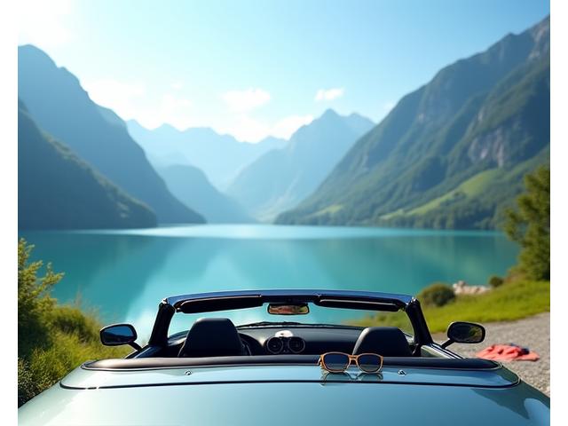 A car parked by a beautiful Swiss mountain lake in summer, clear sky.