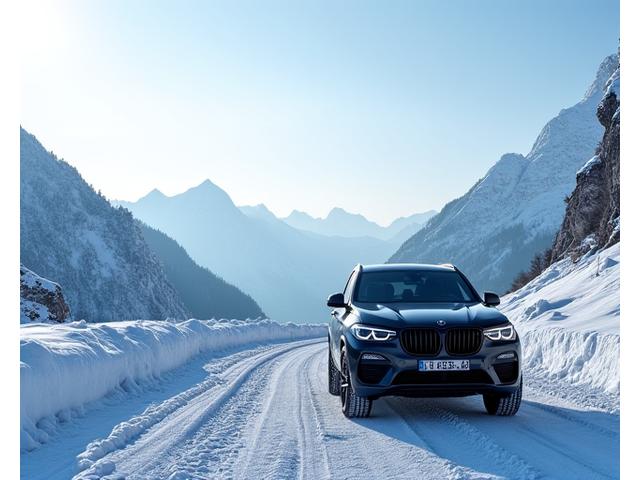 Snow-covered Swiss mountain road with a car equipped with winter tires, chains nearby.